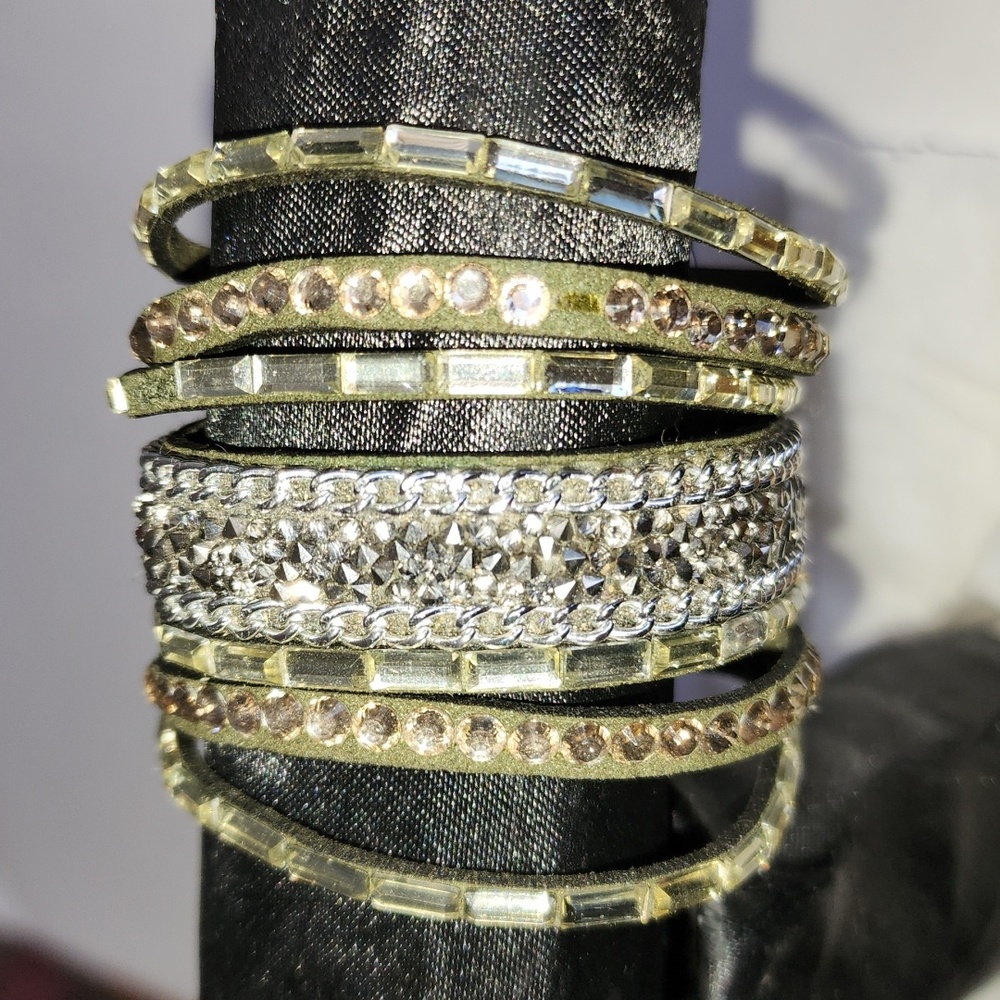 3 for $18 Faux 7 Layer Bling Skater Punk Bracelet Army Green Snap Closure